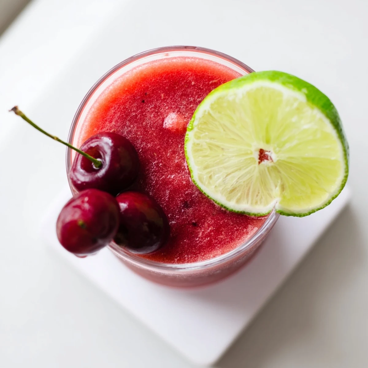 Thick frosted glass of cherry lime sunrise slush garnished with whole cherries and lime wheel on white surface