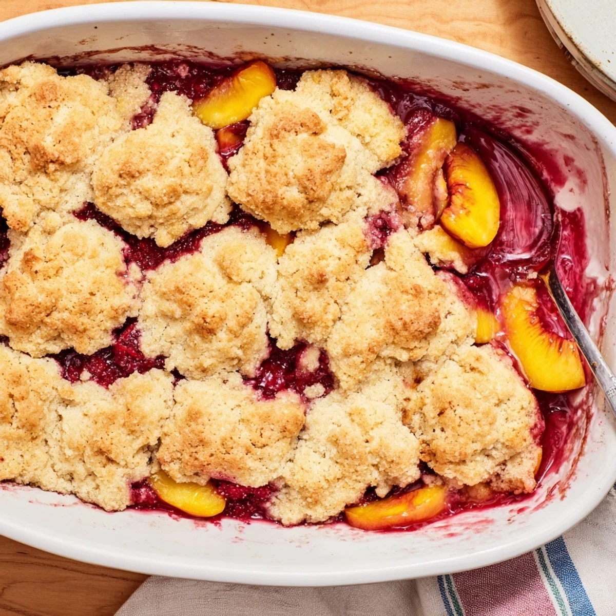 Golden peach raspberry cobbler with bubbling fruit filling and buttery biscuit topping fresh from oven