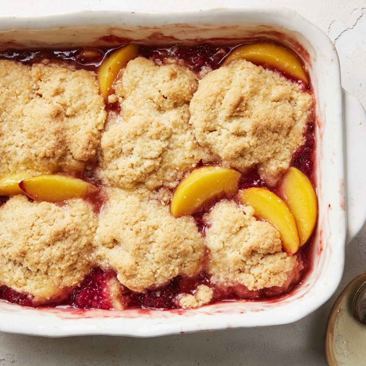 Warm peach raspberry cobbler served in a baking dish with scoops of melting vanilla ice cream