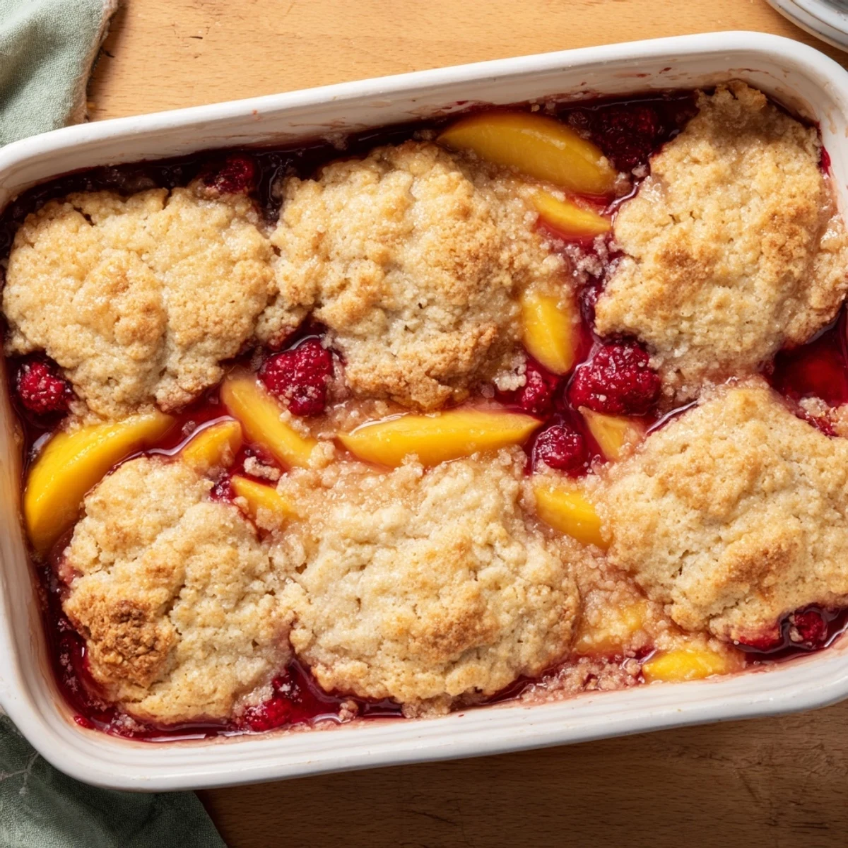 Homemade peach raspberry cobbler featuring tender sliced peaches and tart raspberries beneath a golden brown crust