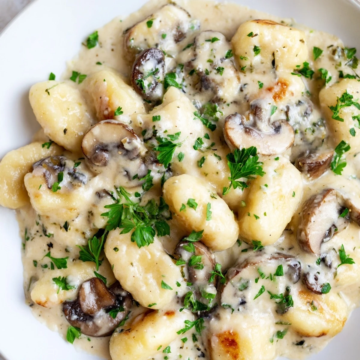 Golden mushroom gnocchi in cream sauce plated with fresh parsley and grated Parmesan