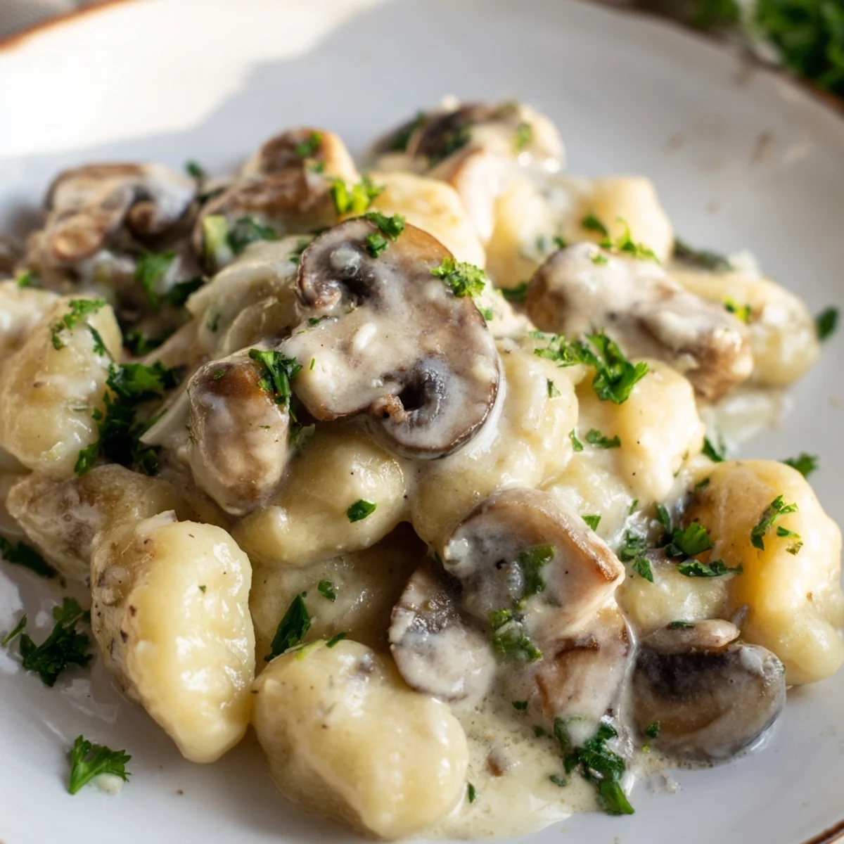 Creamy mushroom gnocchi dish featuring pillowy pasta tossed in rich white wine Parmesan sauce