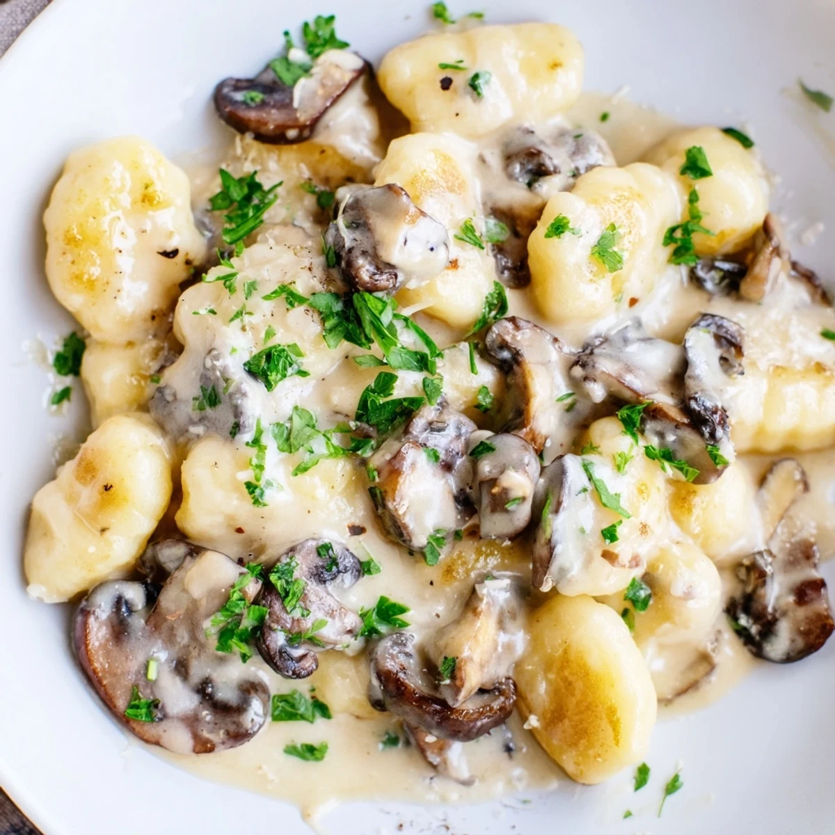 Comforting Italian potato gnocchi swimming in velvety cream sauce with earthy sautéed mushrooms