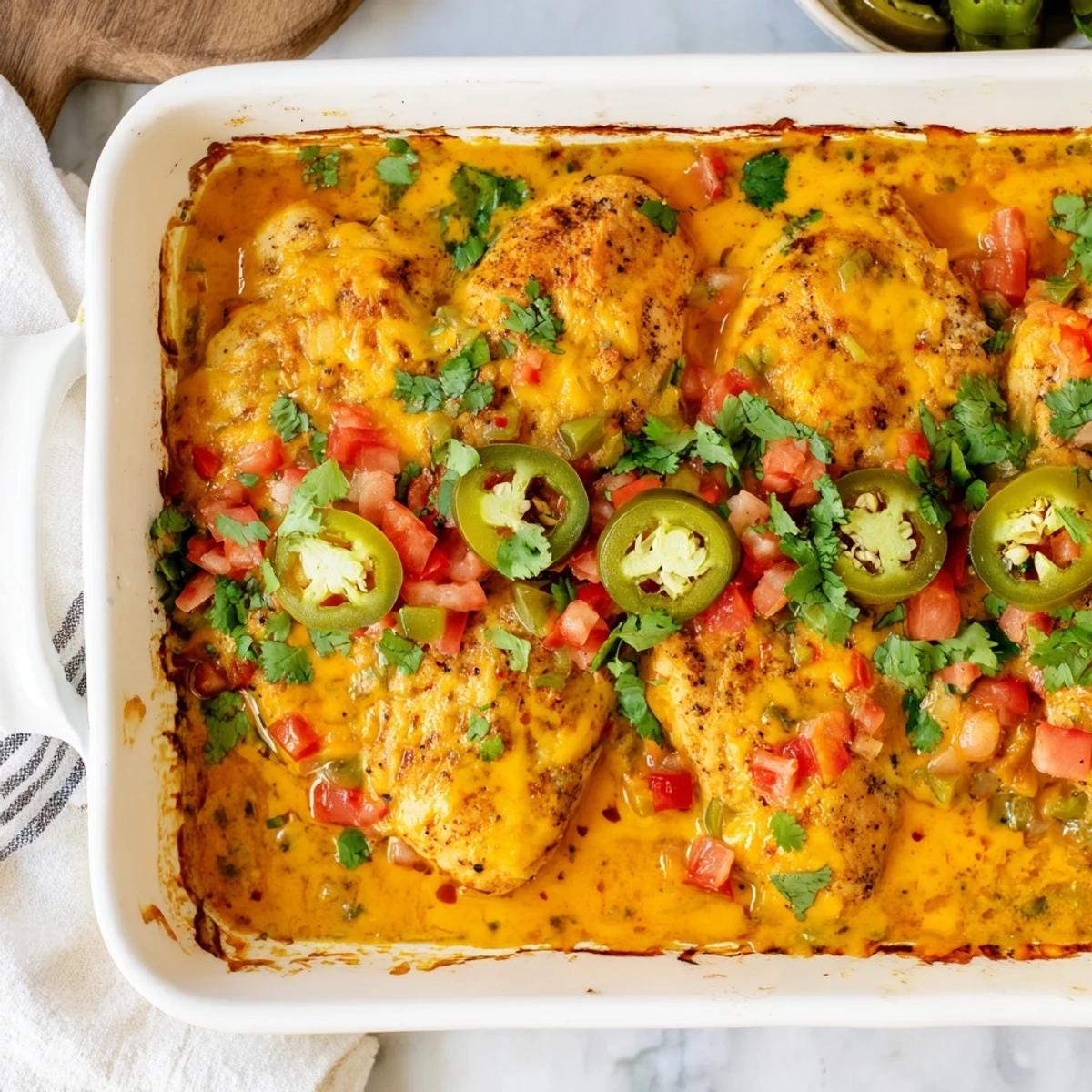 Spice-rubbed chicken breasts swimming in creamy tomato queso sauce with fresh cilantro garnish