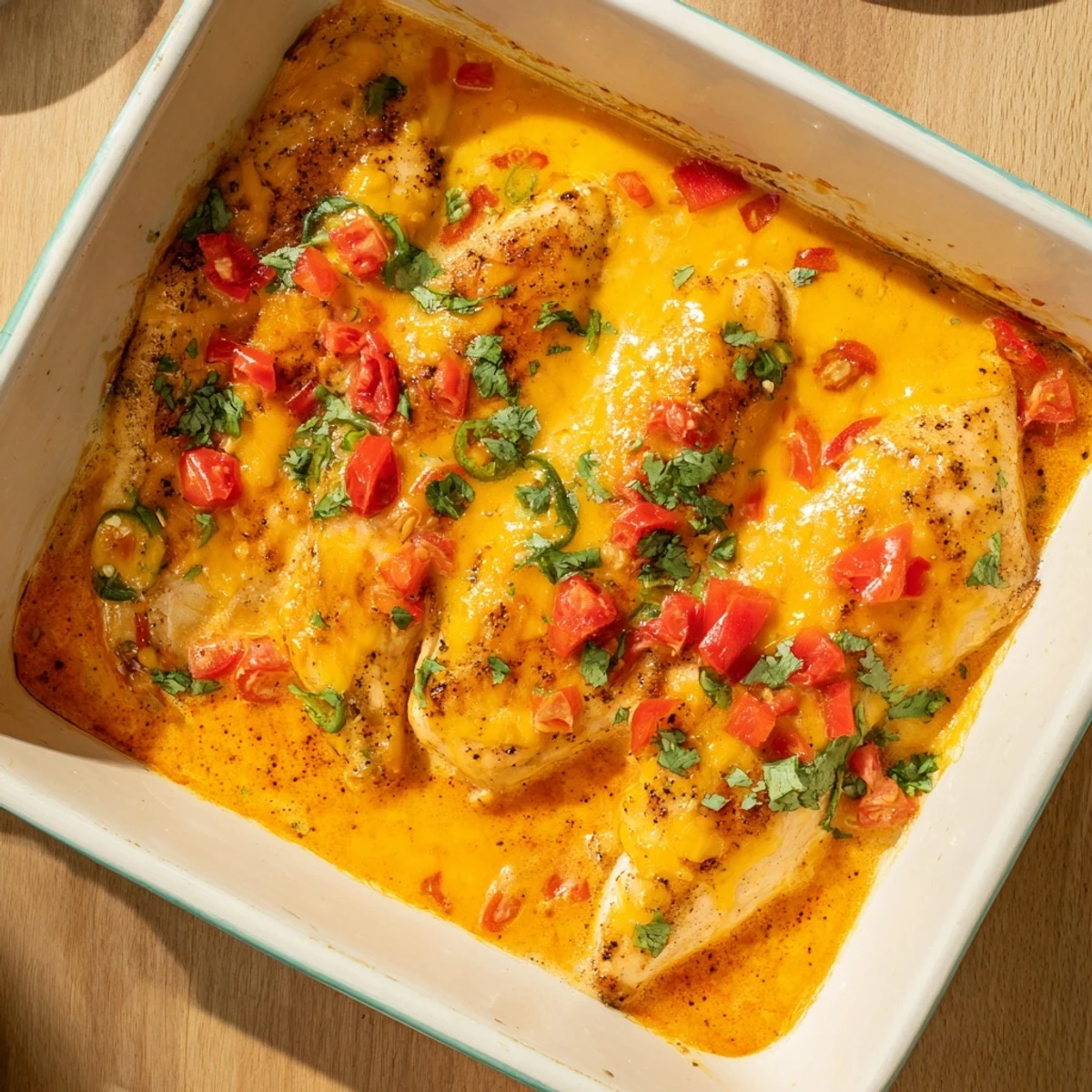 Golden baked queso chicken smothered in melted cheddar and Monterey Jack cheese
