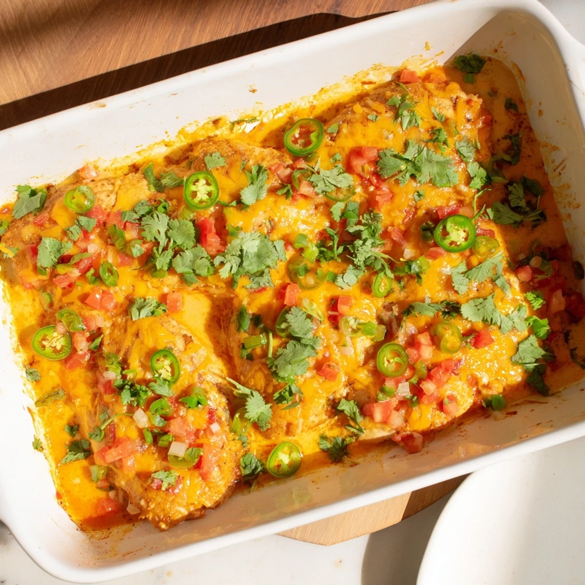 Baked Tex-Mex queso chicken topped with melted cheese and diced red onion