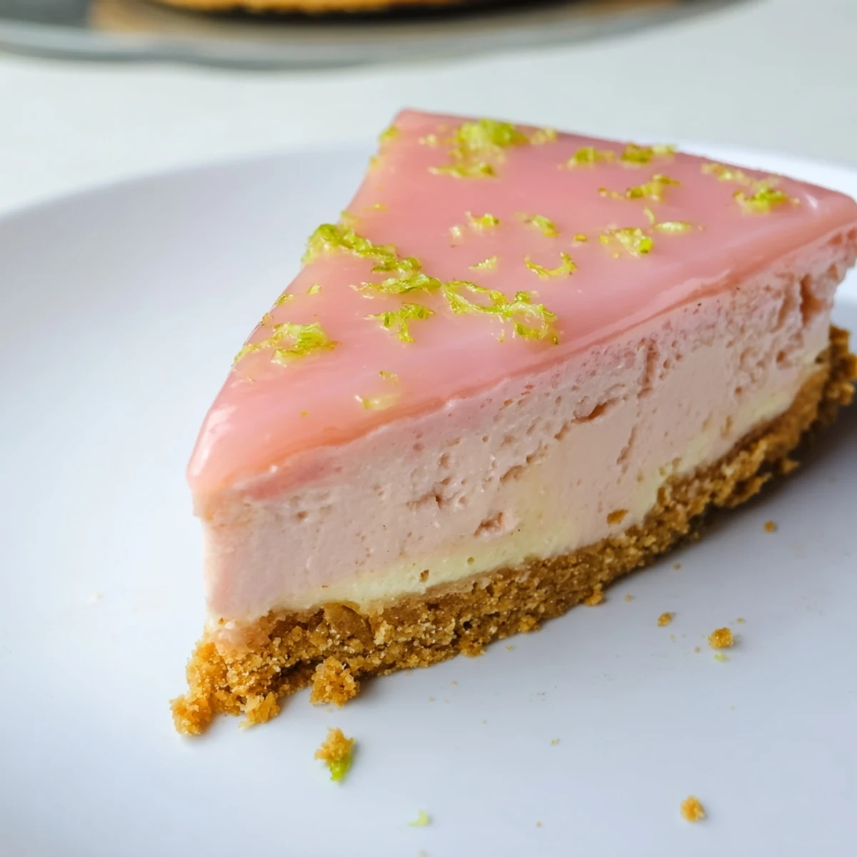 Homemade guava cheesecake recipe with tropical fruit sauce drizzled over smooth white filling