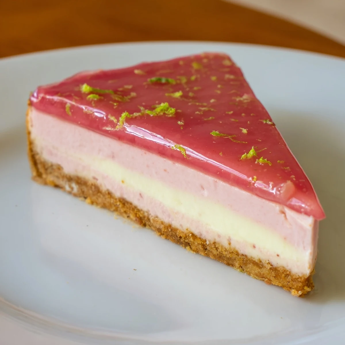 Creamy guava cheesecake recipe slice topped with vibrant pink guava glaze on graham cracker crust