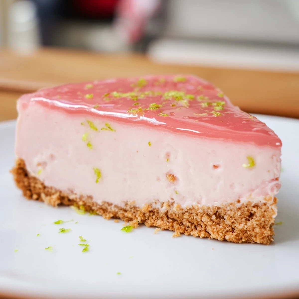Decadent guava cheesecake recipe displaying golden crust and glossy red guava topping on serving plate