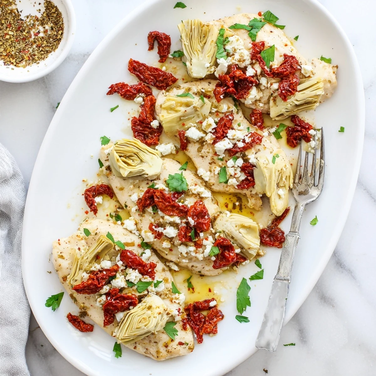 Mediterranean-style Broiled Artichoke Chicken With Feta garnished with fresh parsley on a white plate