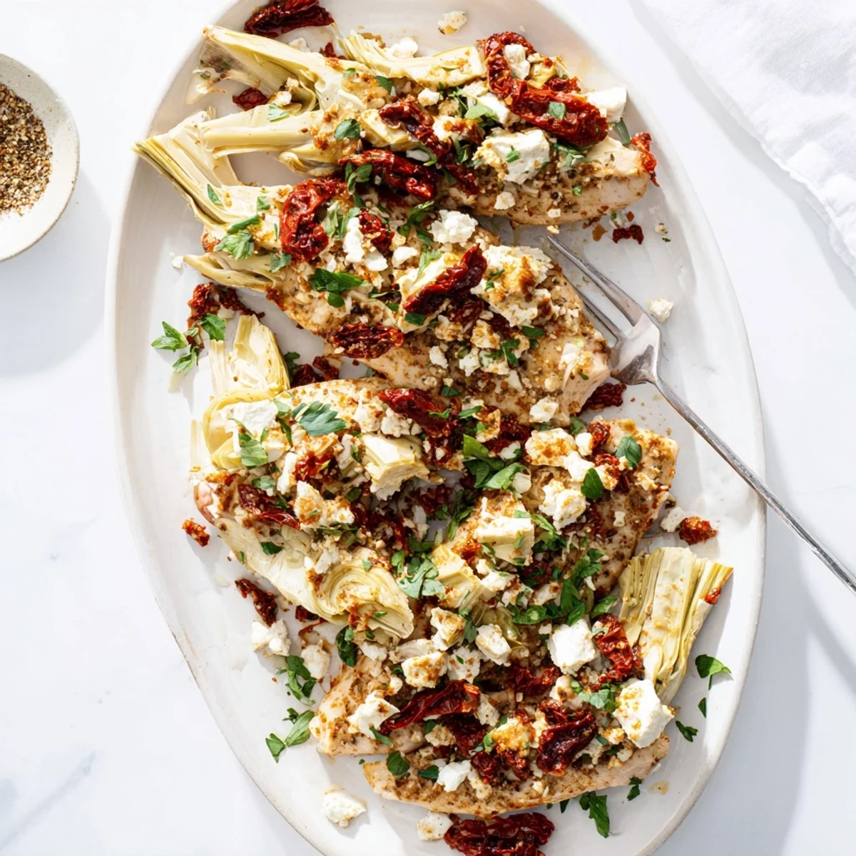 Succulent Broiled Artichoke Chicken With Feta featuring sun-dried tomatoes and golden crumbled cheese topping