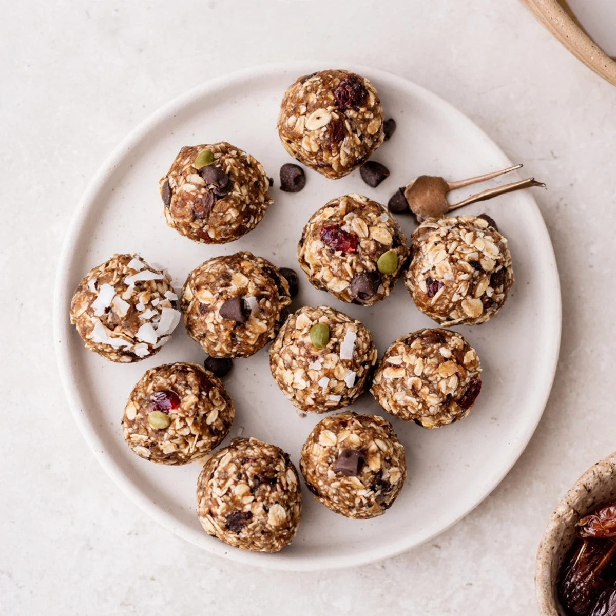 Chewy homemade date energy balls rolled in coconut with dark chocolate chips visible
