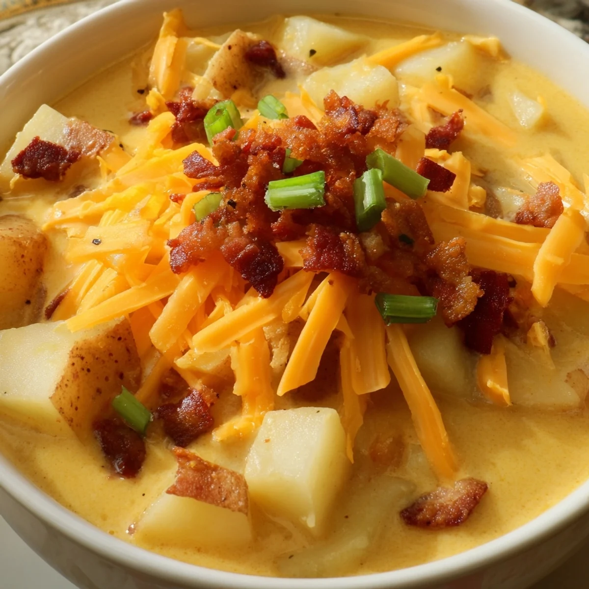 Rich and creamy cheddar potato soup topped with crispy bacon and fresh chives in a white bowl