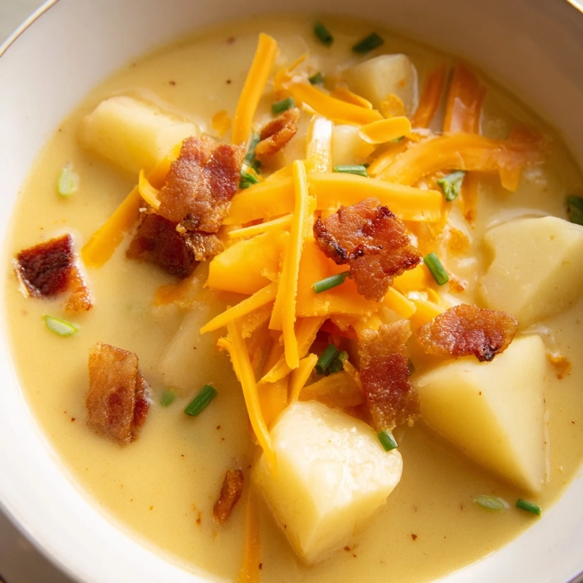 Hearty cheddar potato soup with melted cheese, sour cream, and smoky bacon crumbles on a rustic wooden table