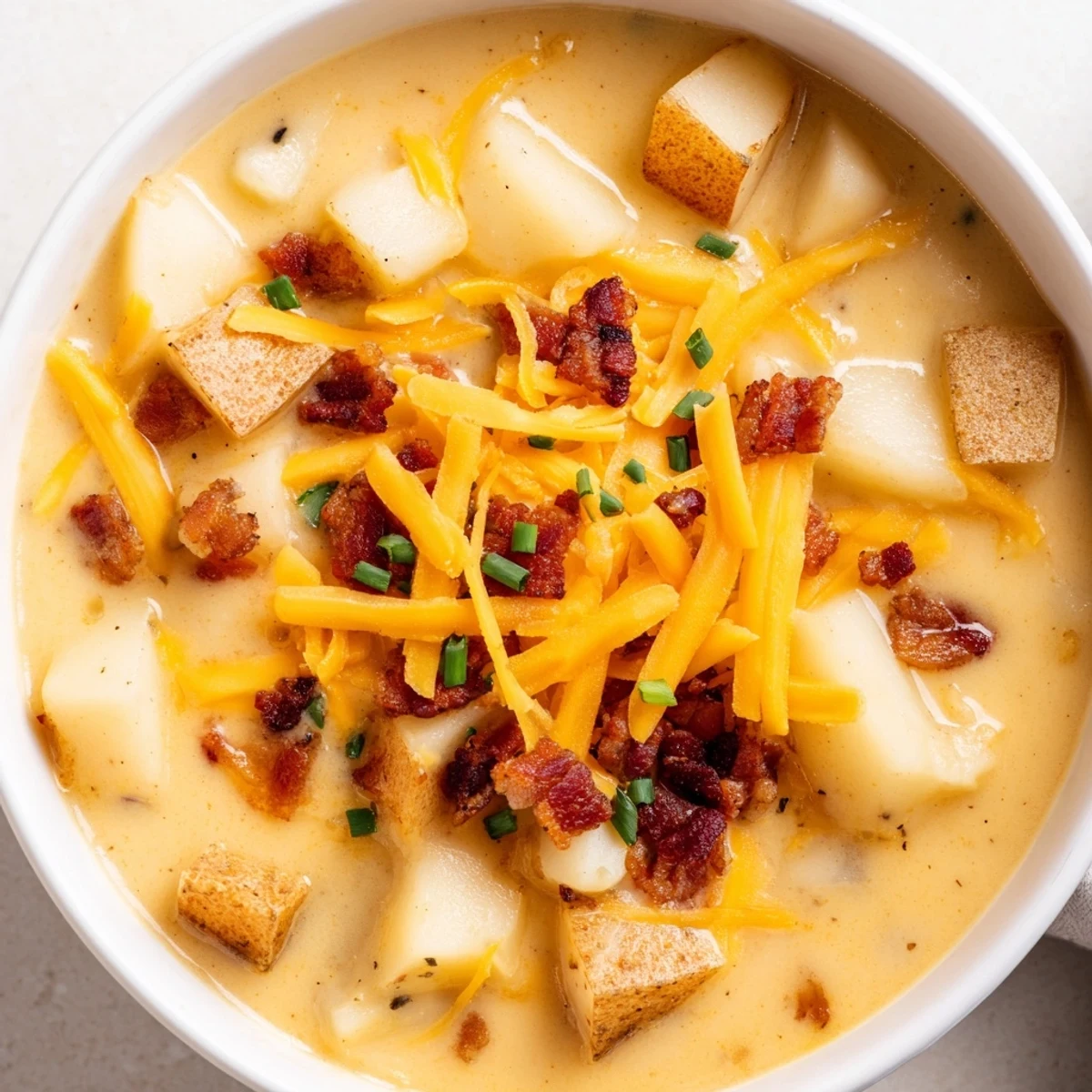 Velvety homemade Outback style potato soup loaded with sharp cheddar cheese and garnished with green onions