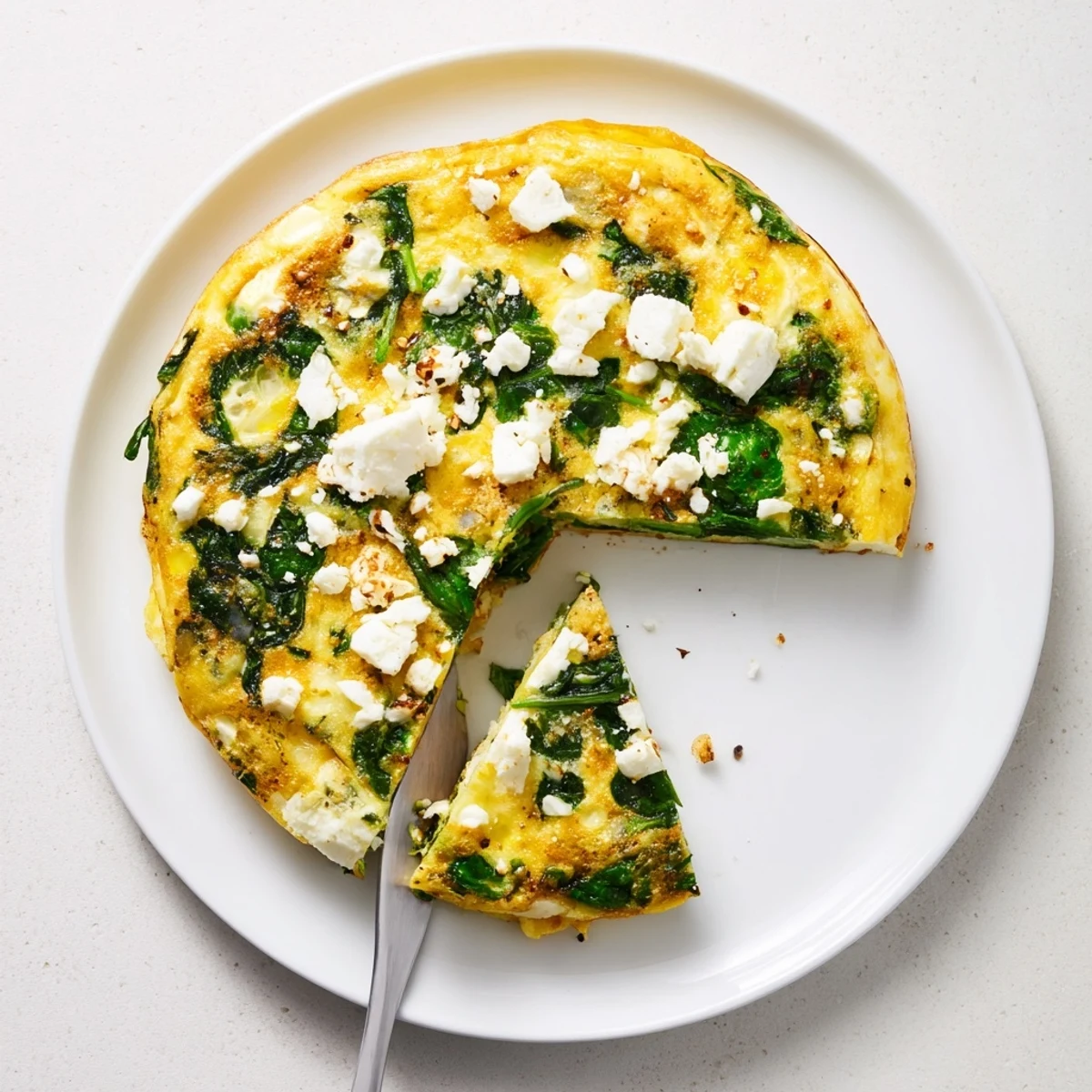 Golden spinach frittata with feta cheese baked to fluffy perfection in a skillet