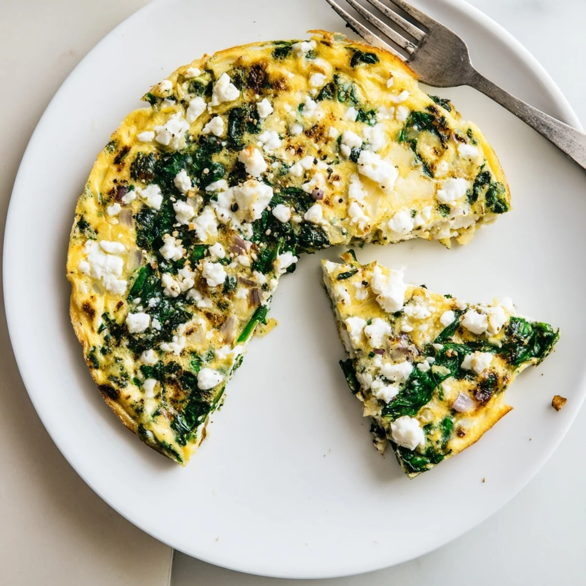 Savory breakfast spinach frittata with feta, freshly baked and sprinkled with crumbled white cheese