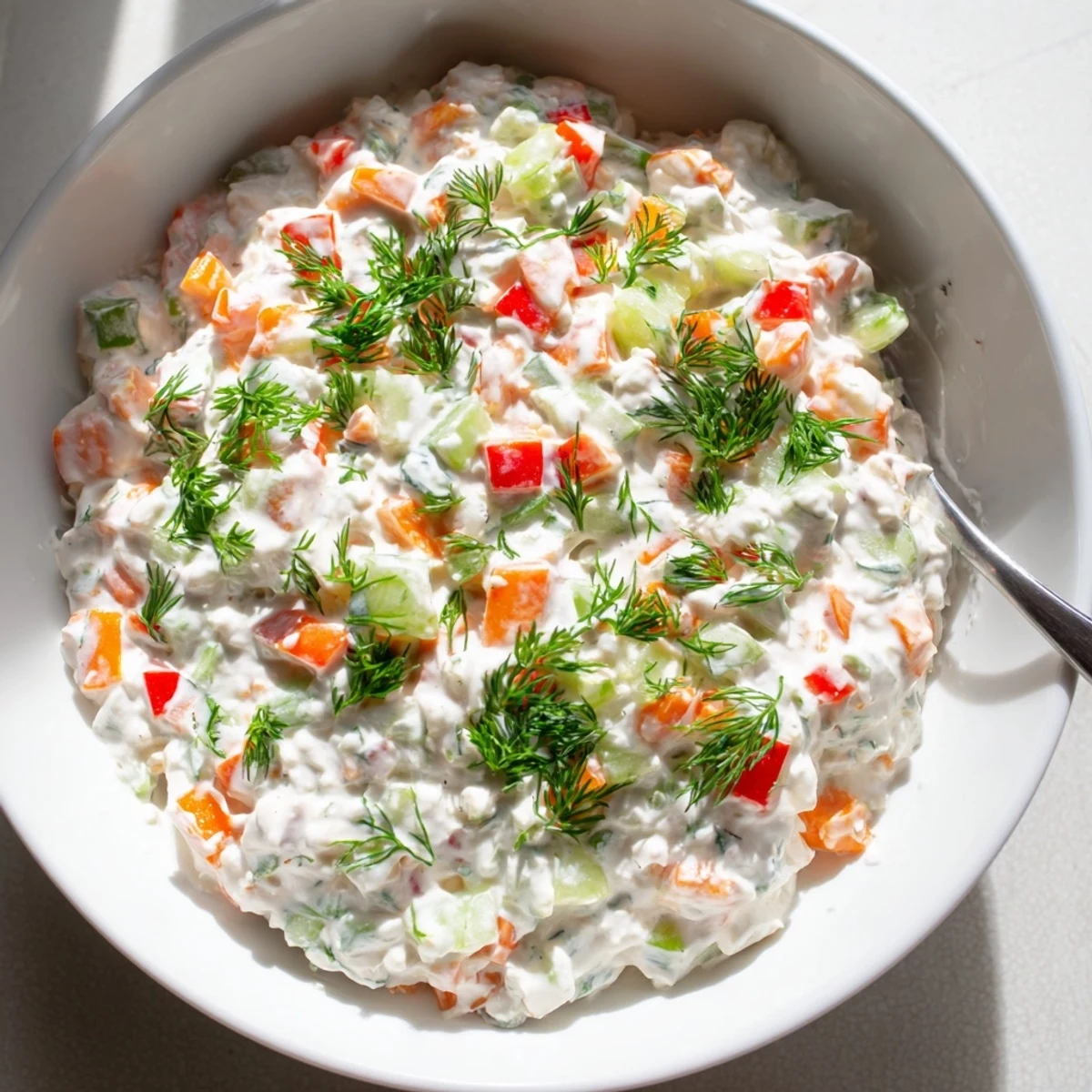 Creamy garden vegetable spread with colorful diced peppers and fresh herbs served on a wooden board