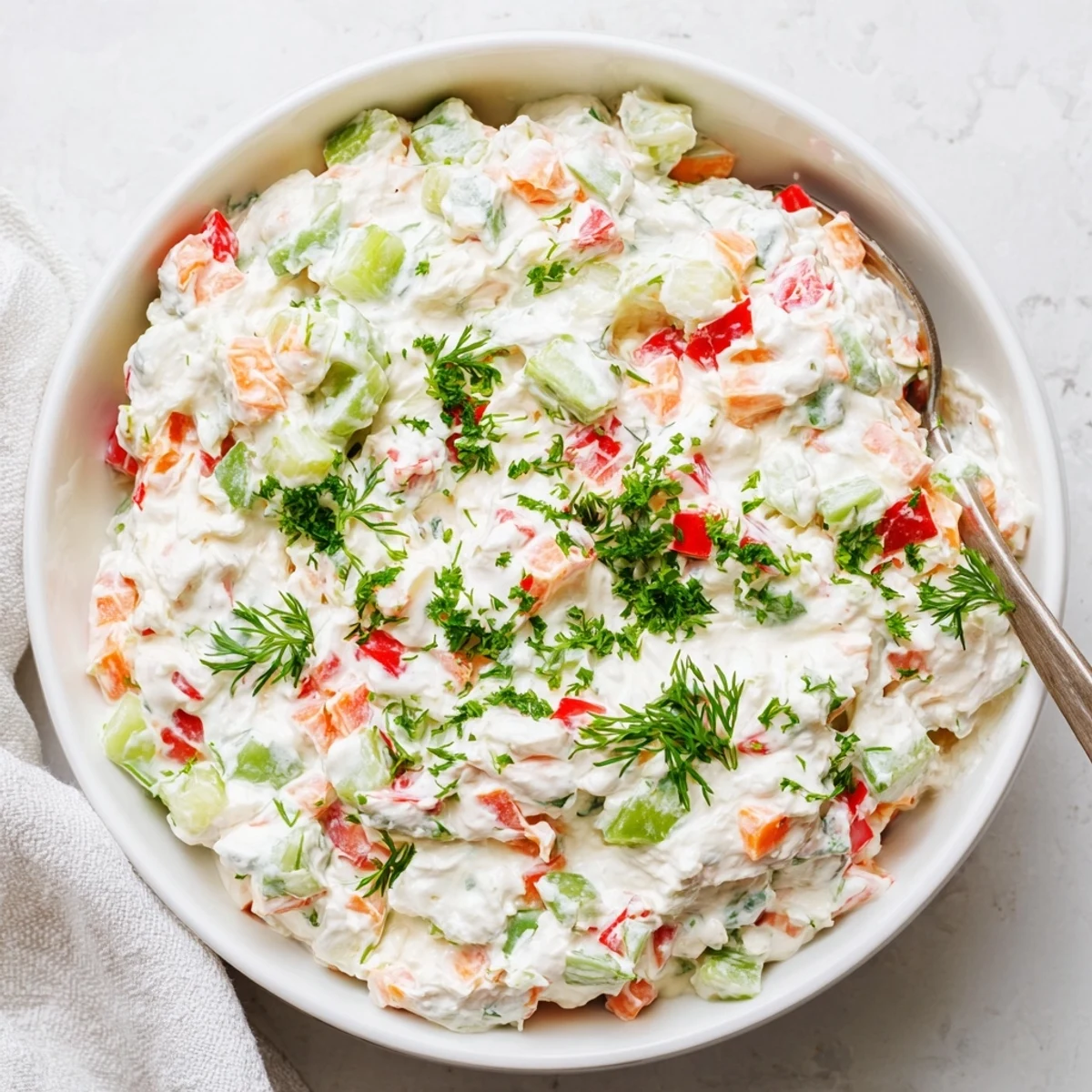 Garden vegetable spread topped with chopped parsley and dill, ready for dipping with crackers or bread