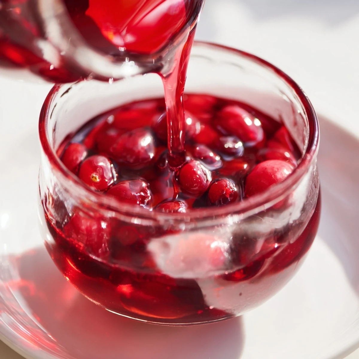 Fresh cranberry syrup drizzling over fluffy stack of golden pancakes with the bright red syrup glistening
