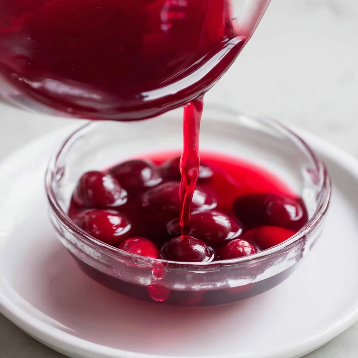 Homemade cranberry syrup in a glass jar showing its vibrant deep red color and smooth, pourable consistency