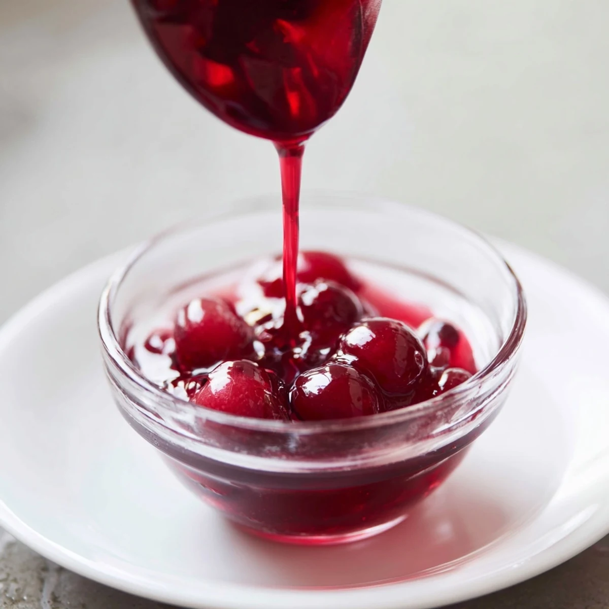 Glass bottle of tangy cranberry syrup resting on wooden table beside fresh whole cranberries and a ladle