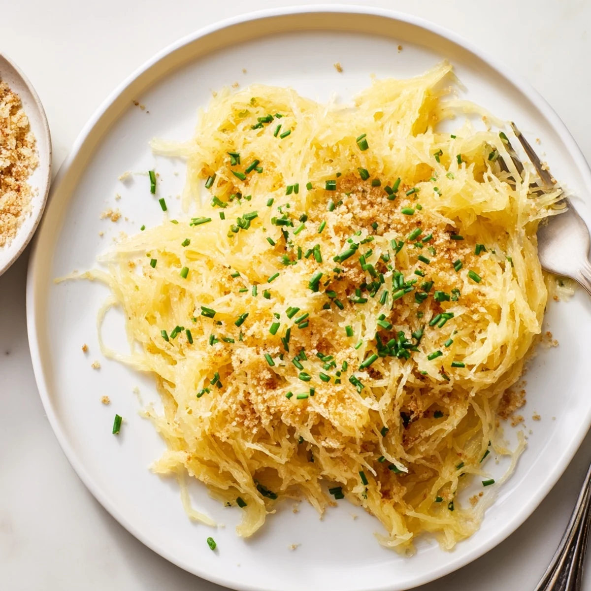 Comforting low carb spaghetti squash mac and cheese bubbling in a white serving dish