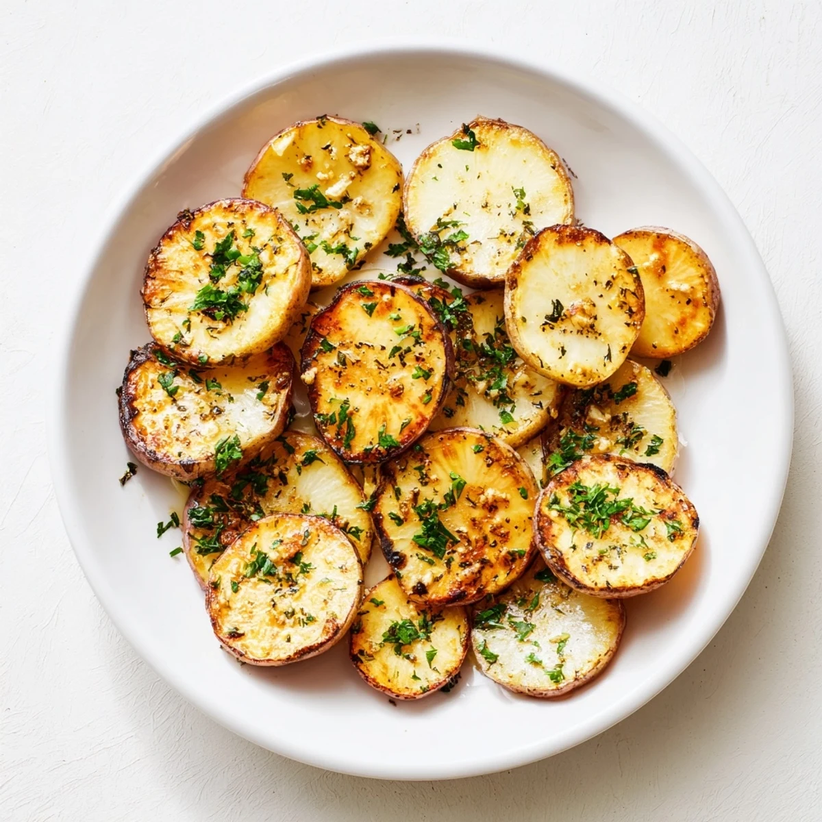 Golden brown garlic roasted radishes arranged on a white serving plate with fresh parsley garnish