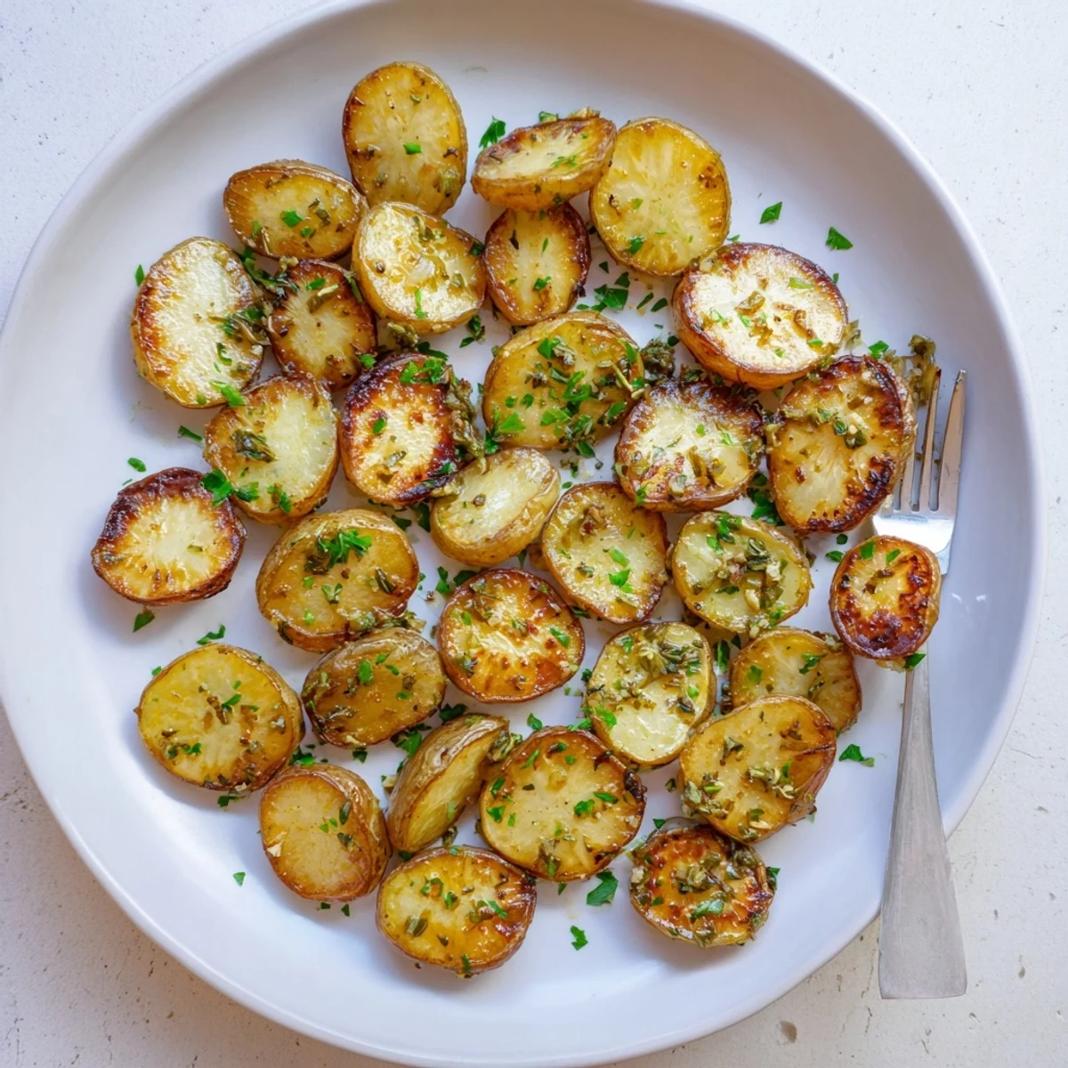 Tender halved radishes roasted to caramelized perfection with garlic and herbs on a parchment-lined baking sheet