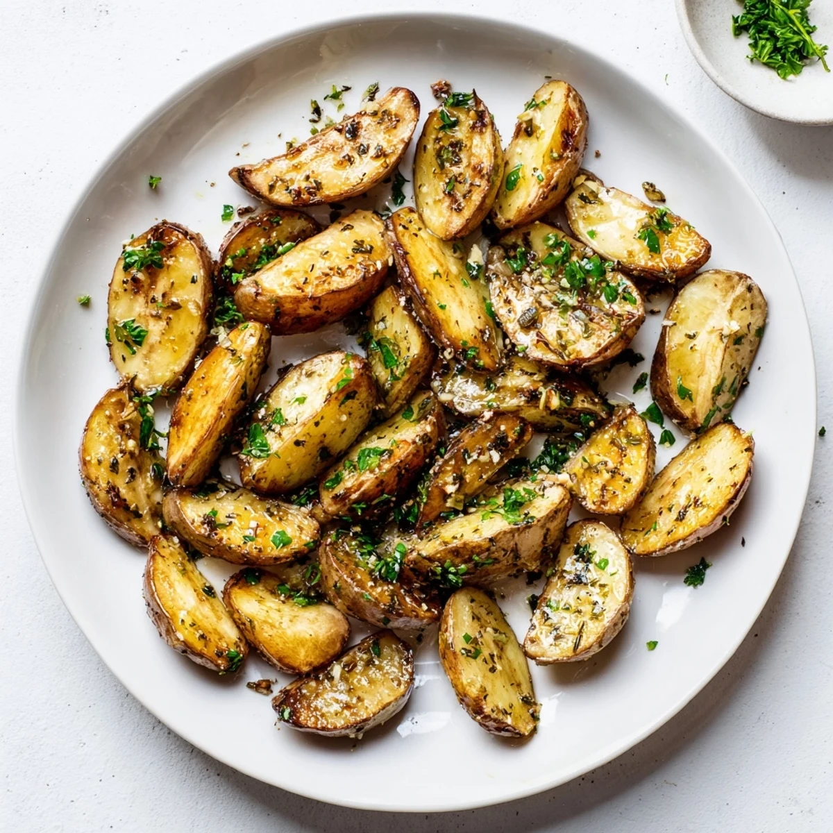 Savory side dish of buttery garlic roasted radishes sprinkled with green parsley, served warm for dinner