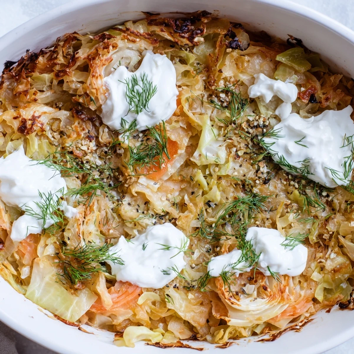 Hearty German-style casserole featuring tender roasted cabbage and tangy sauerkraut layers bubbling hot