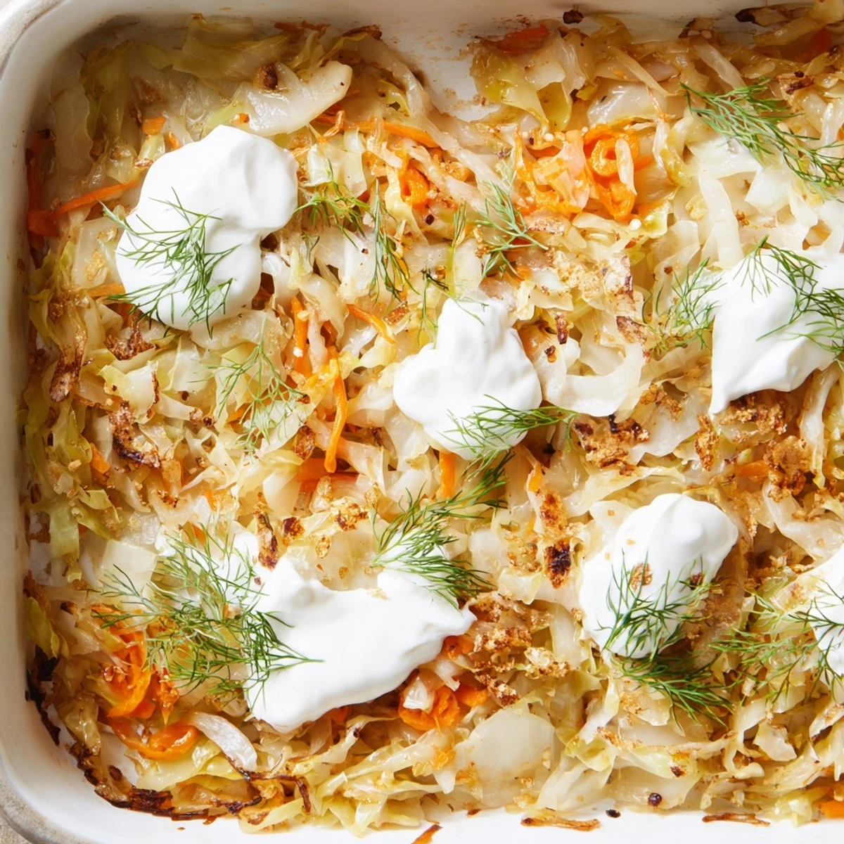 Comforting vegetarian baked dish of caramelized cabbage and sauerkraut perfect for cozy family dinners