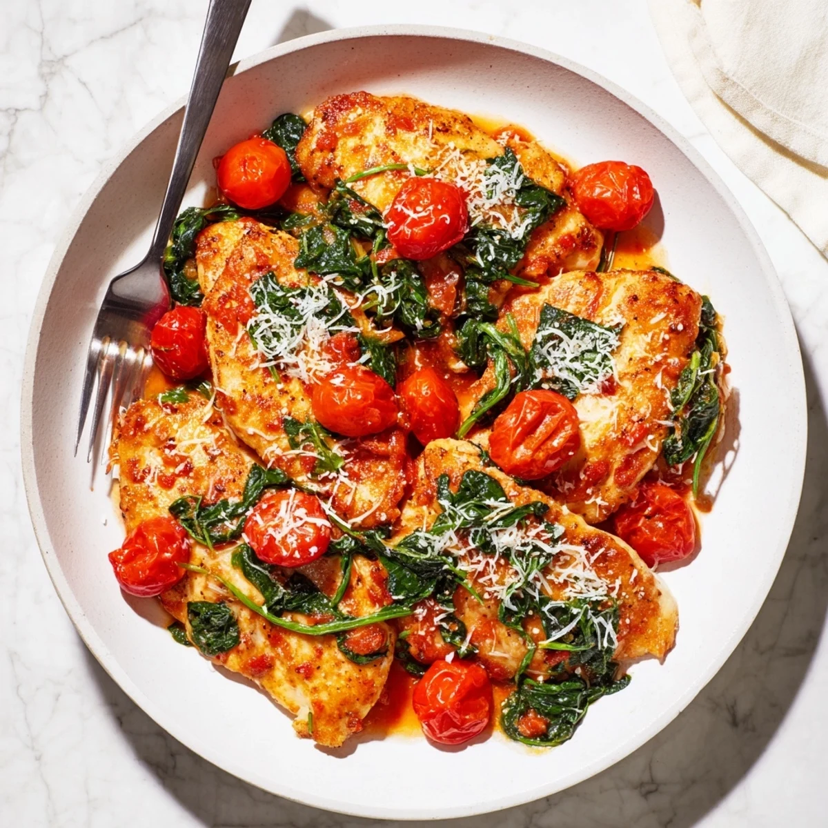 Juicy Tomato Spinach Chicken topped with Parmesan over a bed of wilted greens