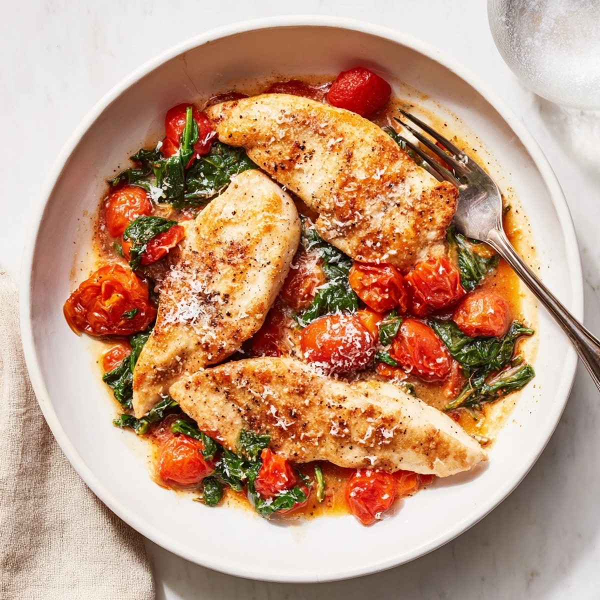 Golden pan-seared chicken breast nestled in a vibrant tomato spinach skillet sauce