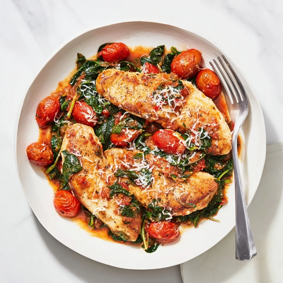Savory chicken simmering with fresh tomatoes and spinach in a rustic cast iron skillet