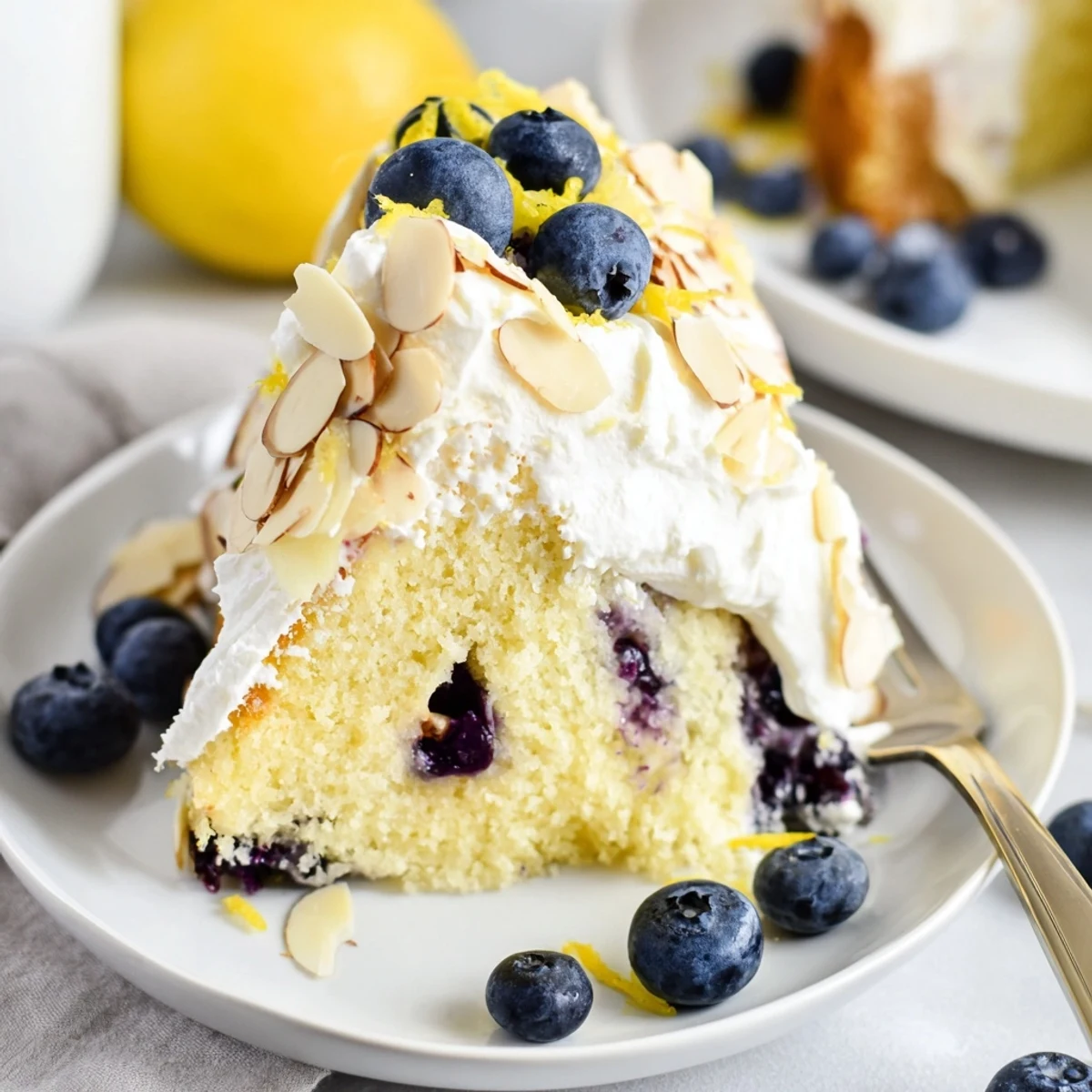 Golden lemon blueberry poke cake topped with fluffy whipped cream and crunchy toasted almonds