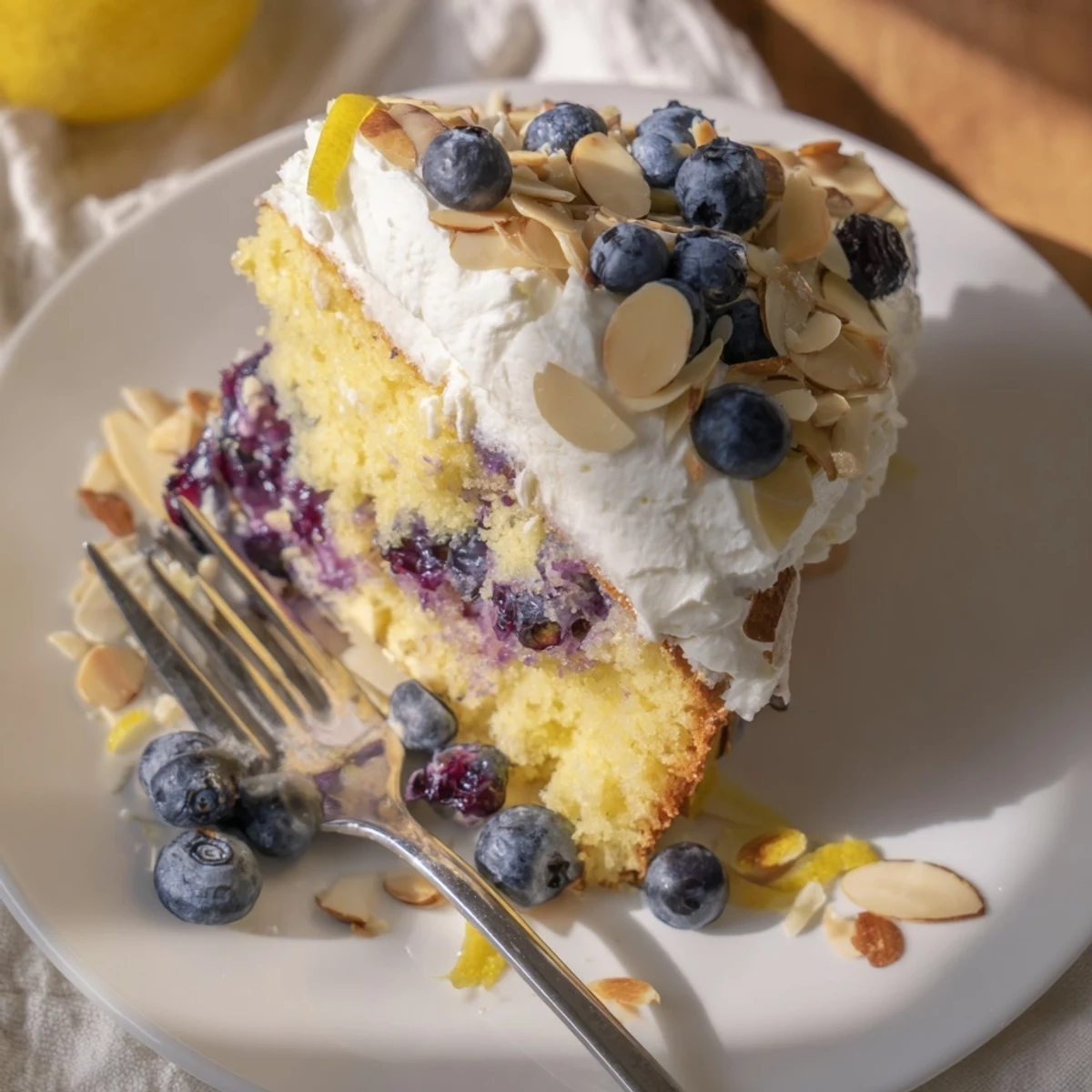 Moist lemon blueberry poke cake with creamy frosting and scattered sliced almond garnish