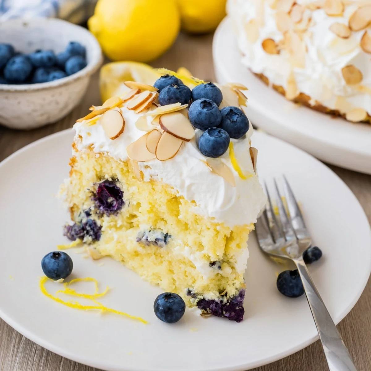 Bright lemon blueberry poke cake sliced into squares showing syrup-soaked layers beneath whipped topping