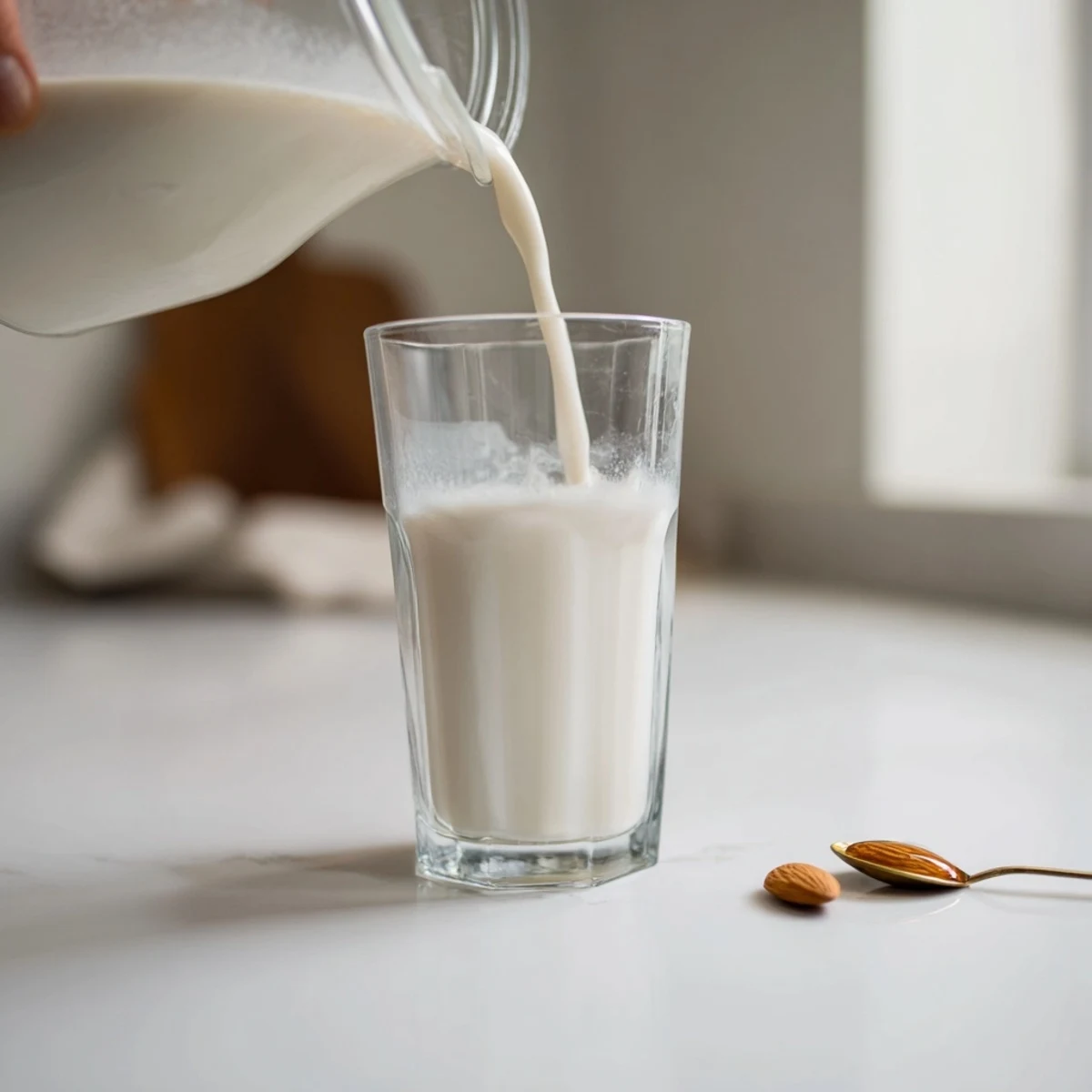 Silky smooth homemade almond milk being poured from glass pitcher into drinking glass on marble surface
