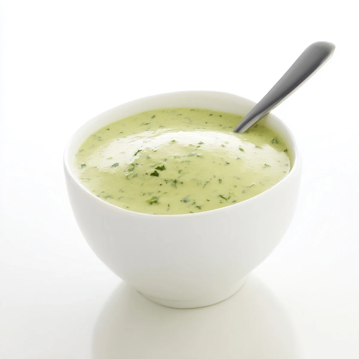Smooth homemade cilantro lime sauce with fresh herbs and lime zest on wooden board