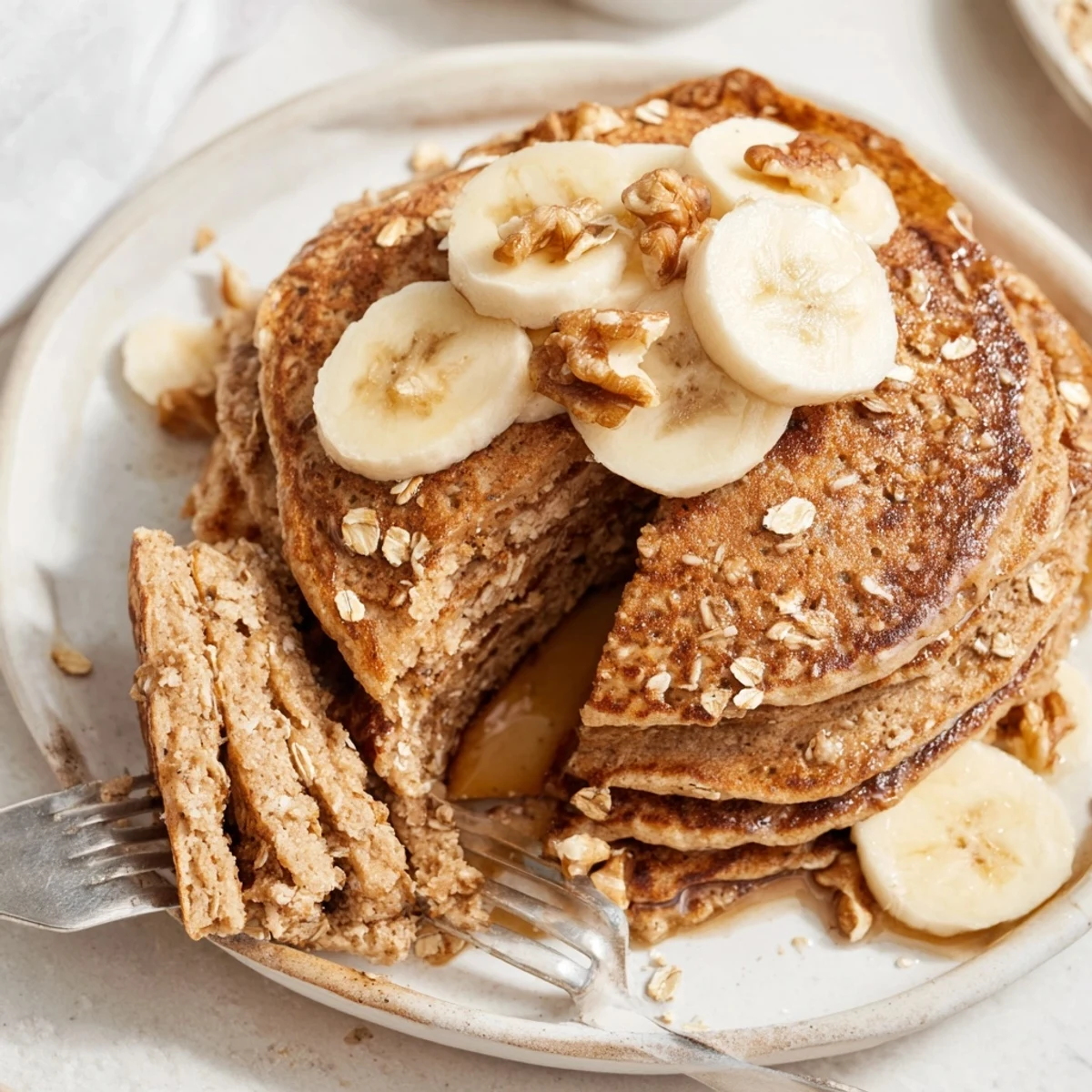 Healthy breakfast of protein banana pancakes stacked high with banana slices and honey drizzle on top