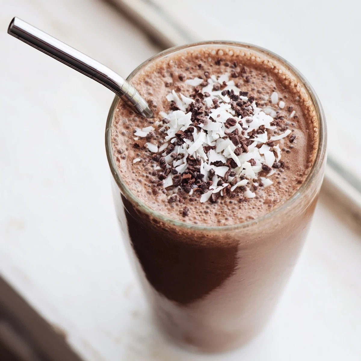 Thick raw chocolate banana shake poured into a glass with frothy chocolate swirls on top