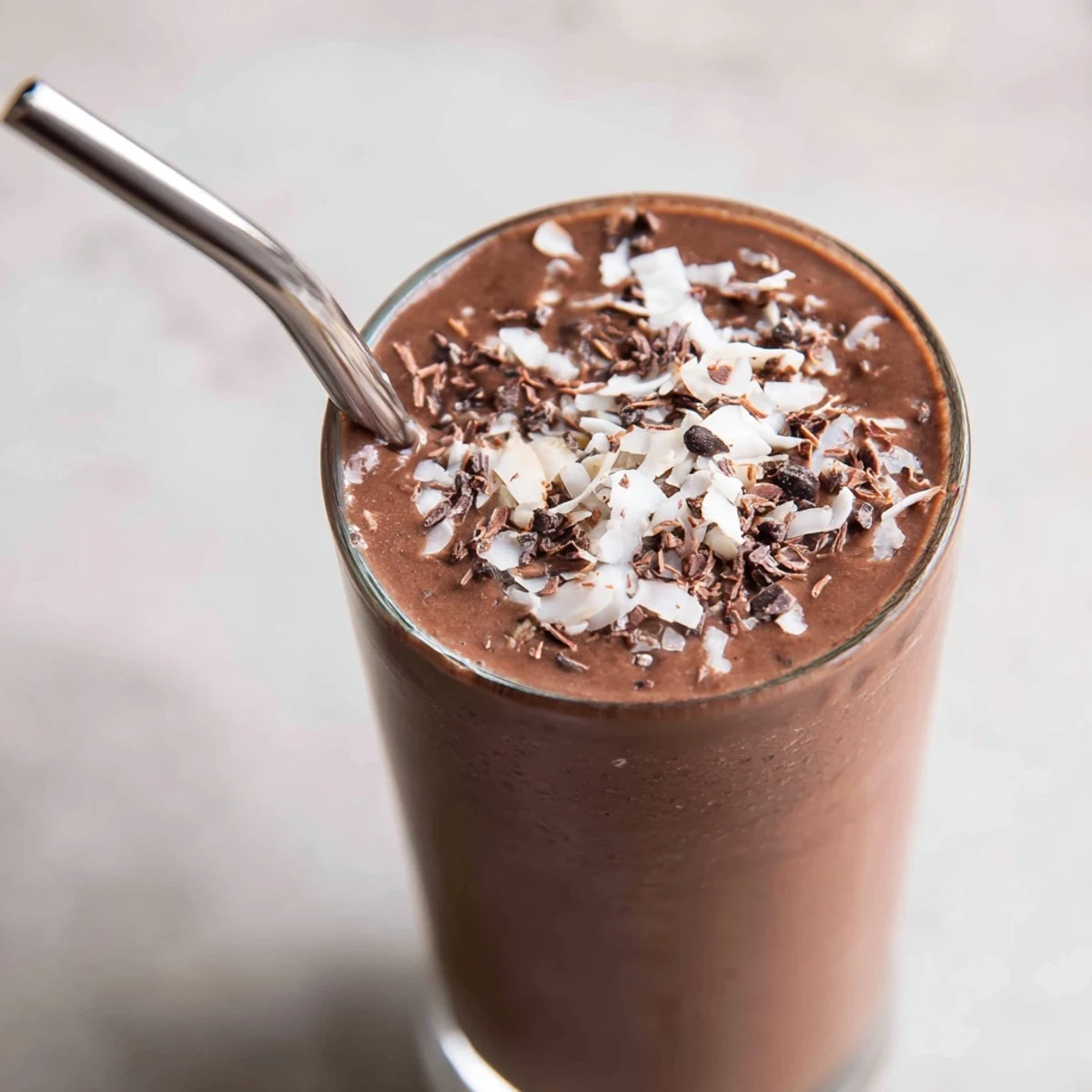Creamy vegan raw chocolate banana shake blended with frozen bananas and rich cacao powder