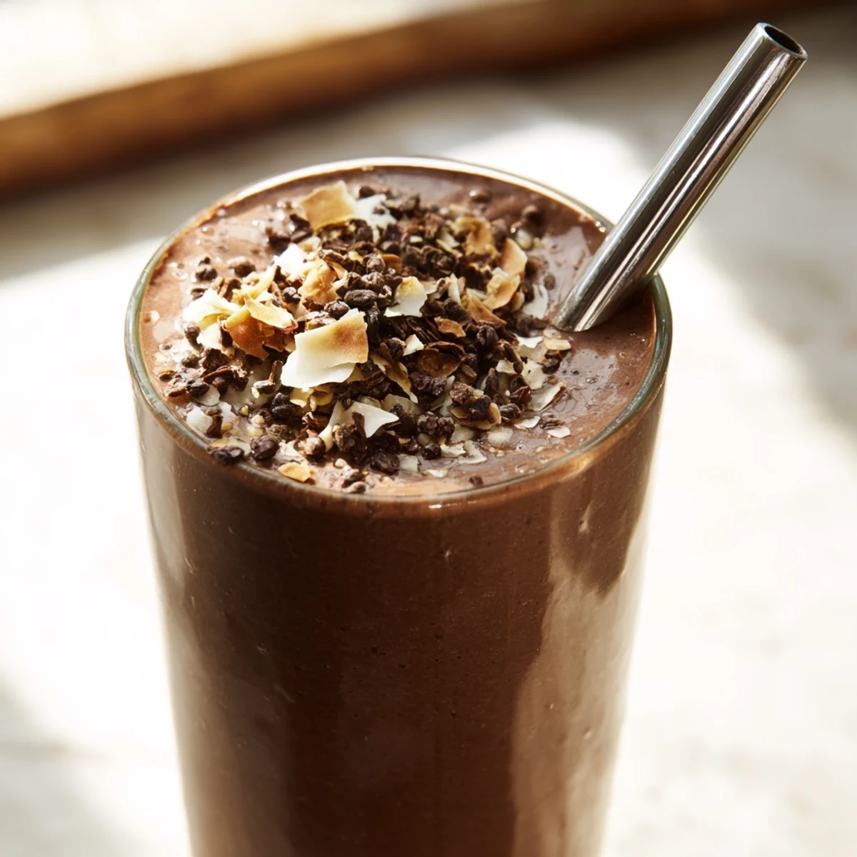 Glass of raw chocolate banana shake garnished with cacao nibs and creamy textured layers