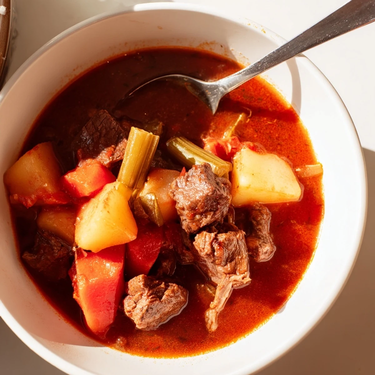 Hearty Italian beef stew spezzatino with tender chunks, vegetables, and rich red wine sauce in a rustic bowl
