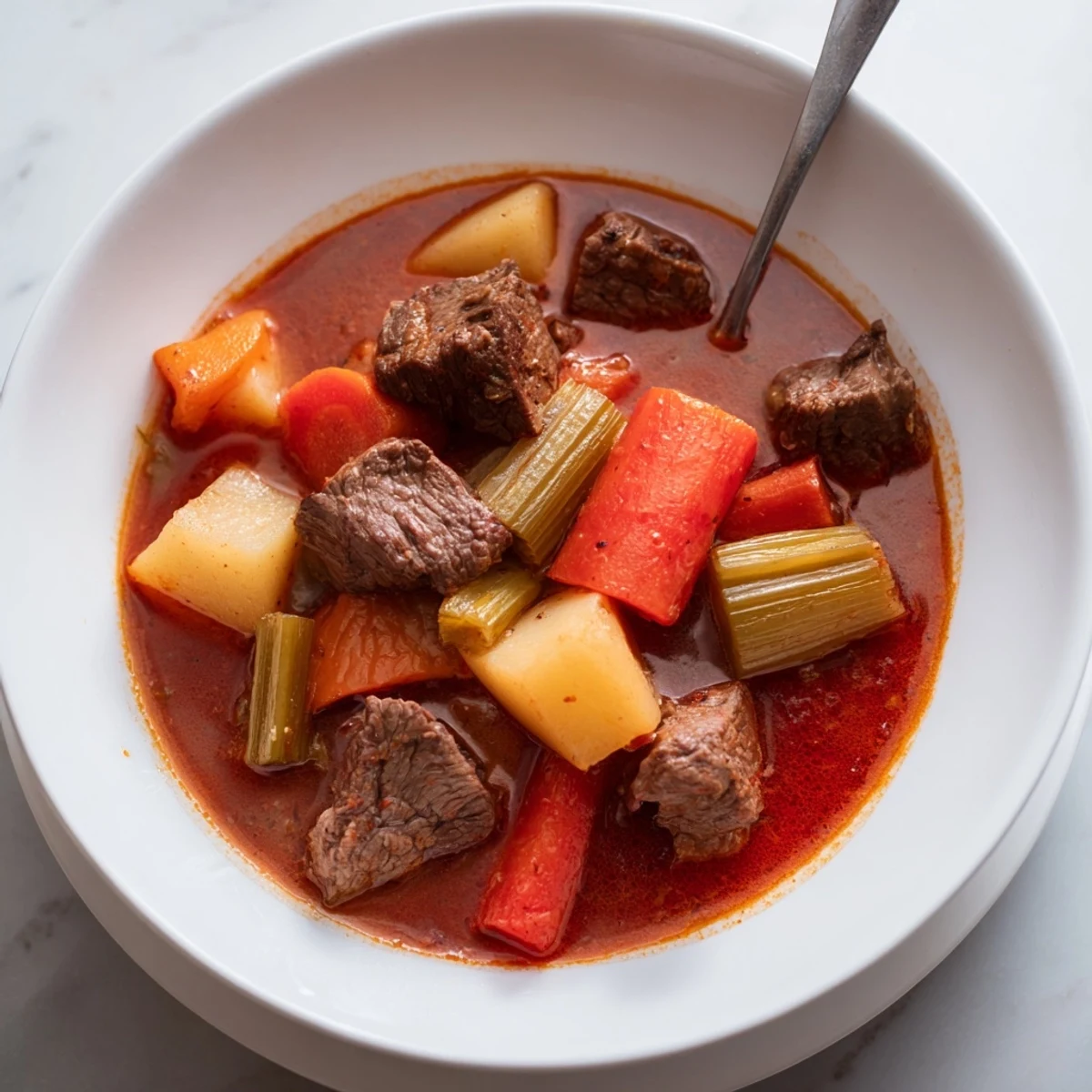 Homemade Italian beef stew with browned beef cubes, root vegetables, and rosemary-infused gravy served piping hot