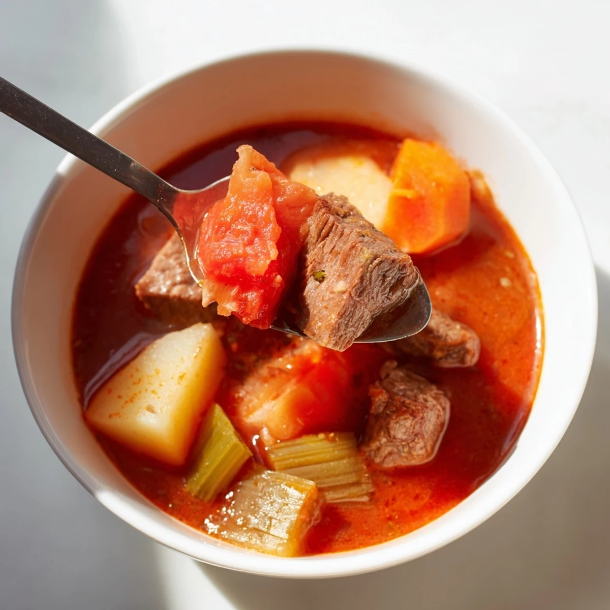 Slow-cooked spezzatino di manzo featuring melt-in-your-mouth beef, potatoes, carrots, and aromatic herbs in a deep broth