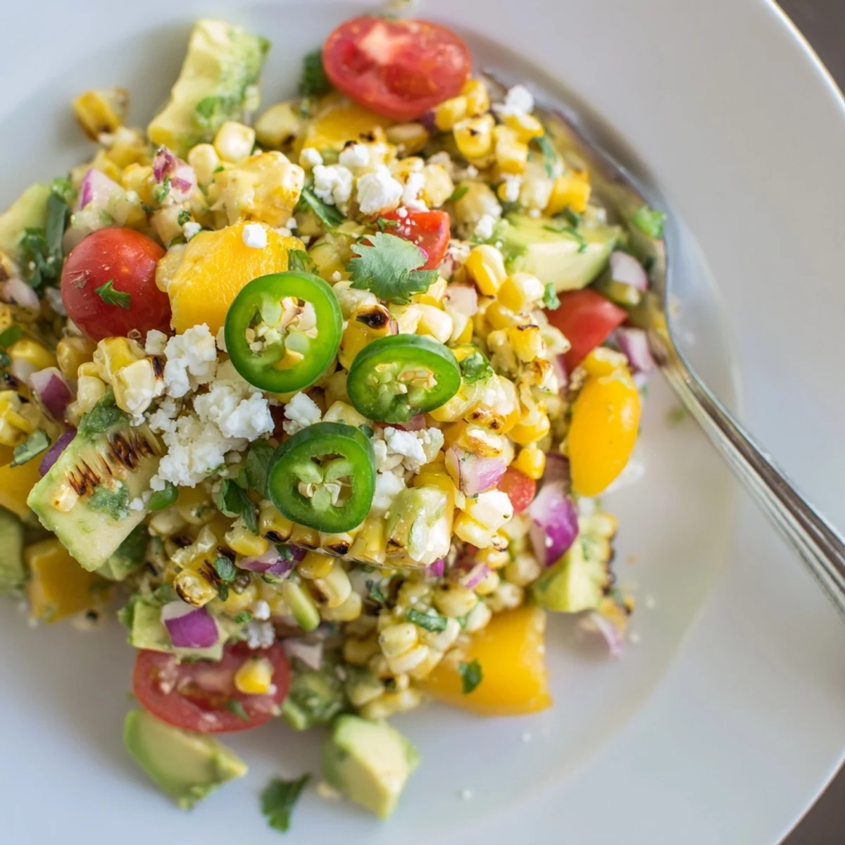 Colorful tropical charred corn and avocado salad with fresh mango pineapple and cilantro