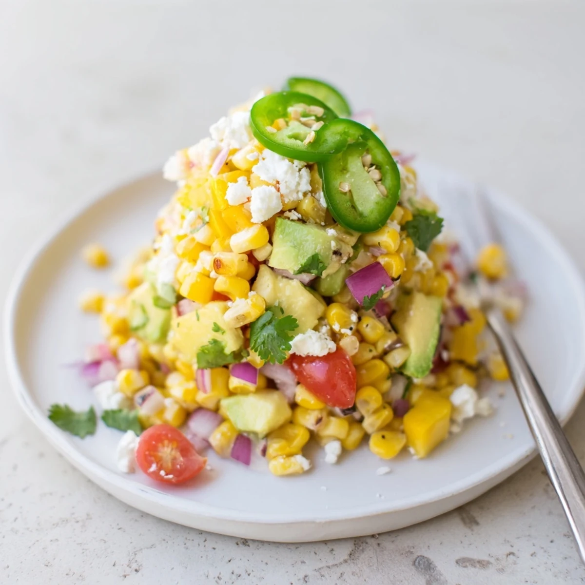 Grilled corn kernels mixed with creamy avocado cubes and zesty lime dressing