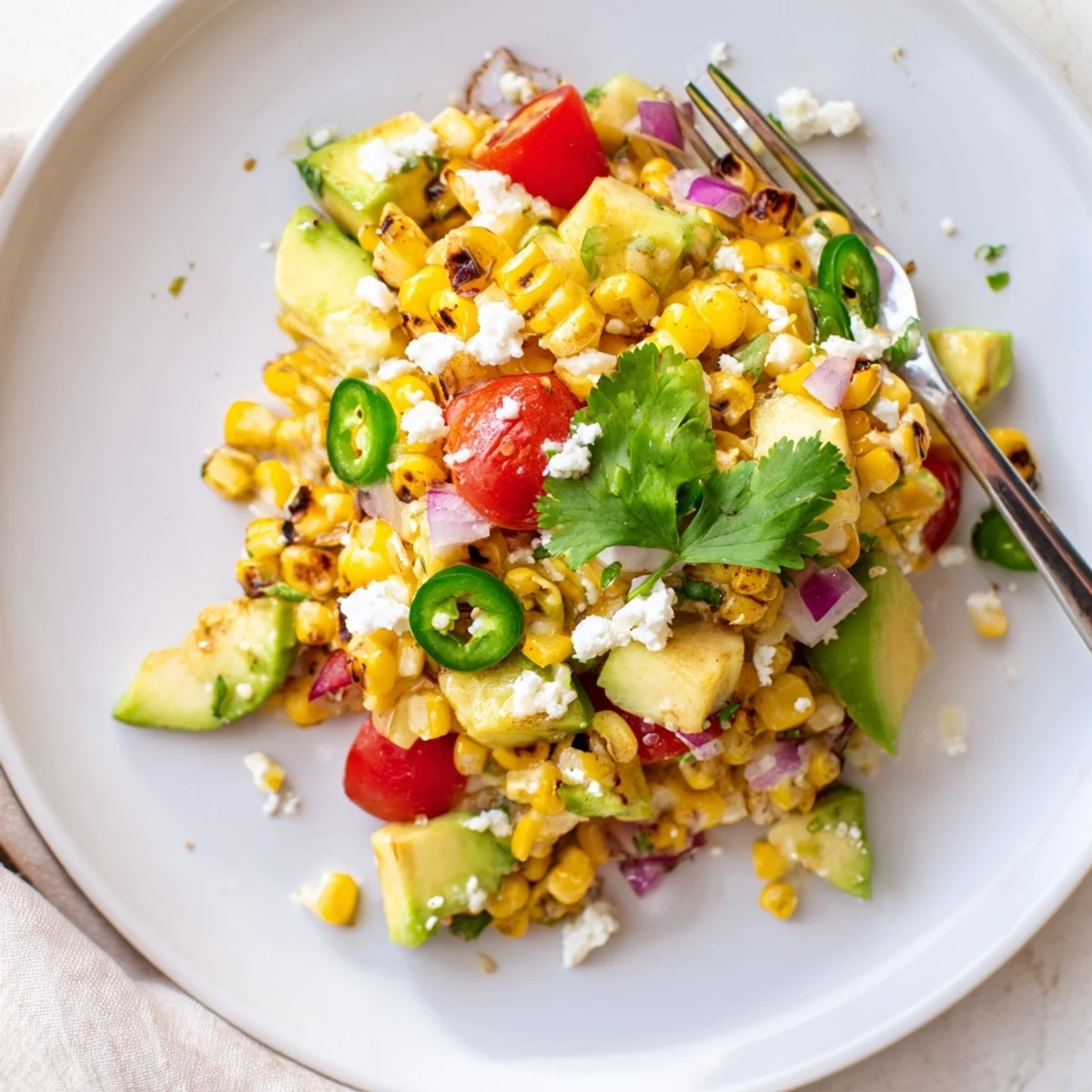 Vibrant summer salad bowl featuring charred corn avocado chunks and tropical fruits